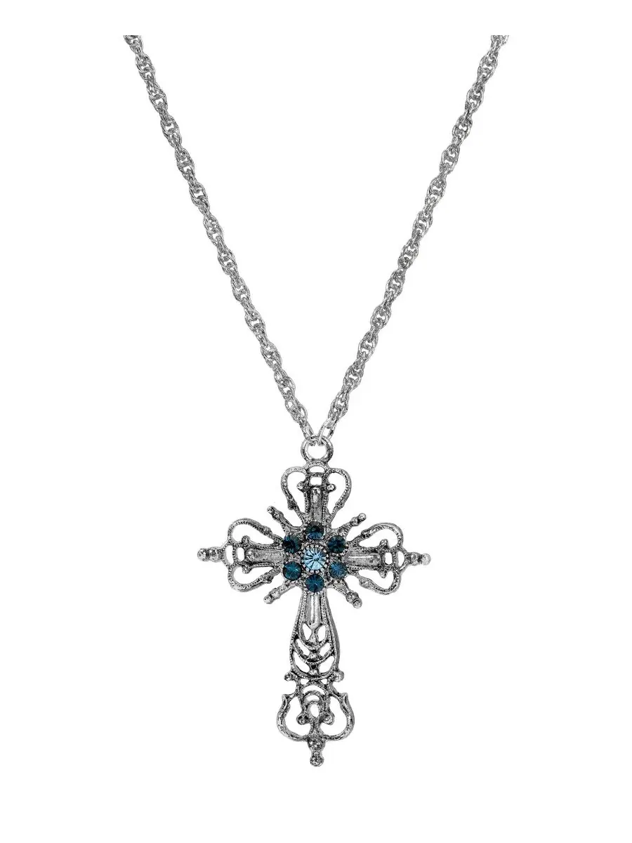 Серебристый крест с синими кристаллами, колье 76 см (76 см ) Symbols Of Faith