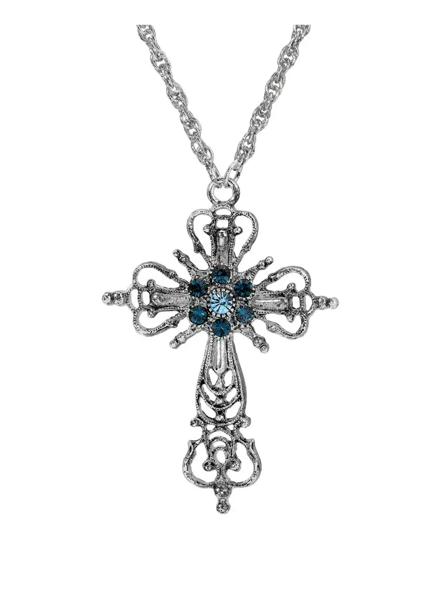Серебристый крест с синими кристаллами, колье 76 см (76 см ) Symbols Of Faith — изображение 2 из 3, оттенок синий