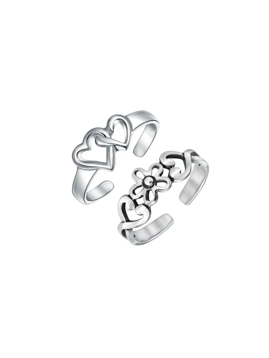 Кольцо на палец ноги с сердцем и цветком, 2 шт Bling Jewelry — изображение 1 из 5, оттенок серебристый