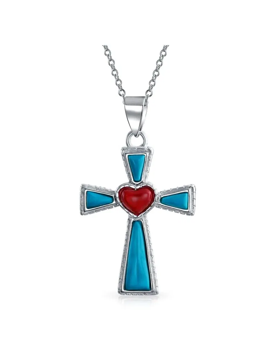 Религиозный крестик-подвеска из бирюзового лазурита и сердца Bling Jewelry — изображение 1 из 4, оттенок синий