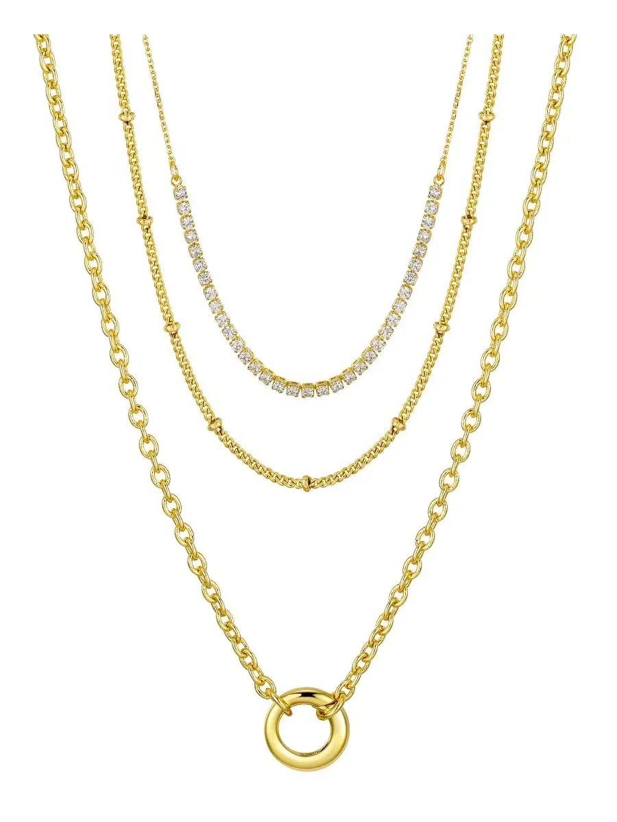Комплект из 3 ожерелий с фианитами, модель Cubic Zirconia Tennis Round Carabiner Layered Necklace — изображение 1 из 4