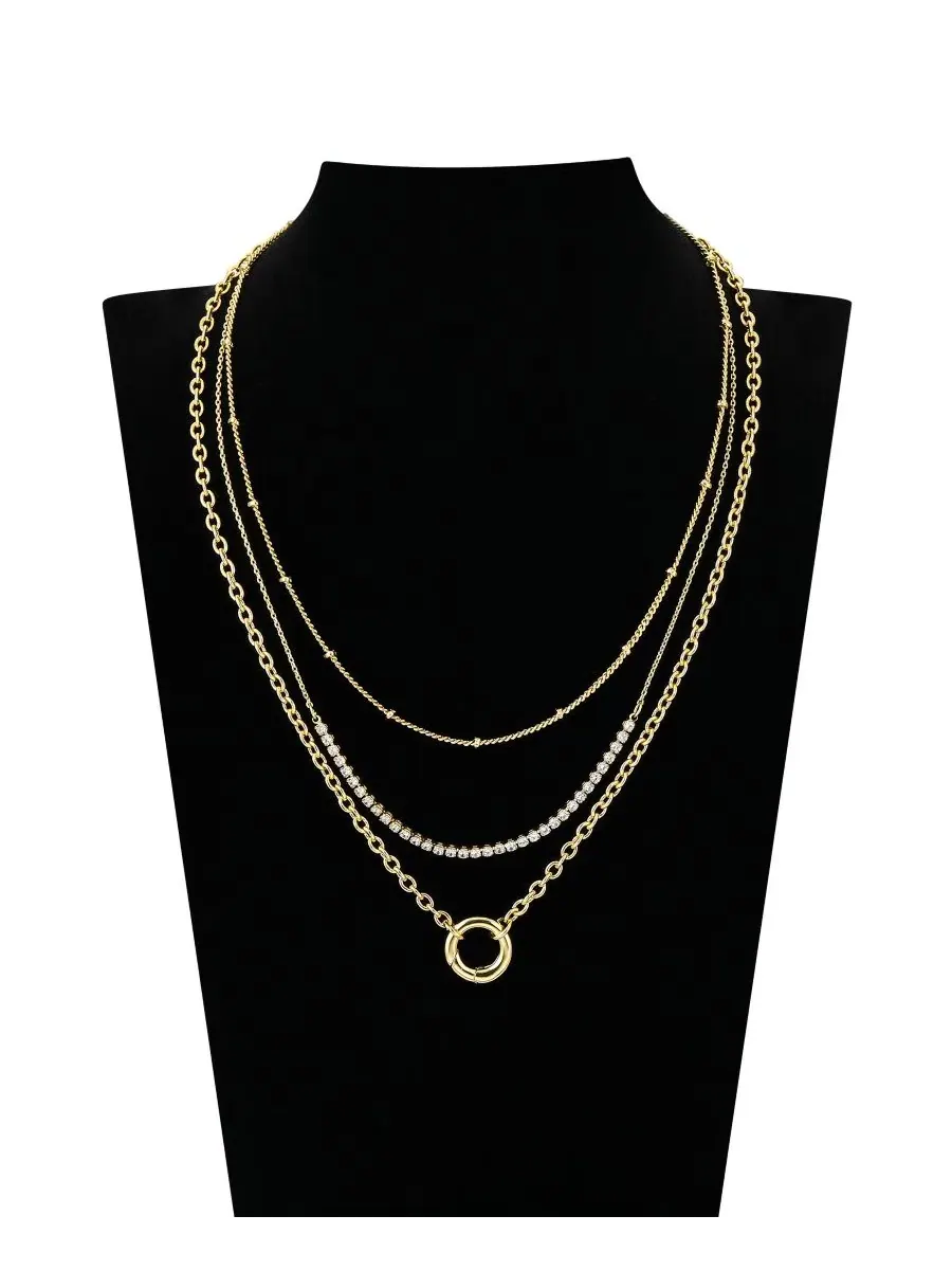 Комплект из 3 ожерелий с фианитами, модель Cubic Zirconia Tennis Round Carabiner Layered Necklace — изображение 2 из 4