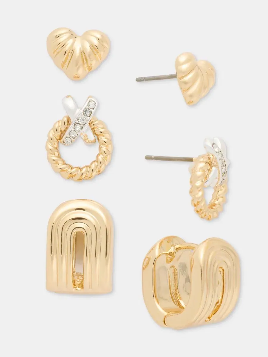 Комплект из 3 пар сережек Anne Klein, Fluted Heart, Crisscross Wreath & Textured — изображение 1 из 3, оттенок телесный