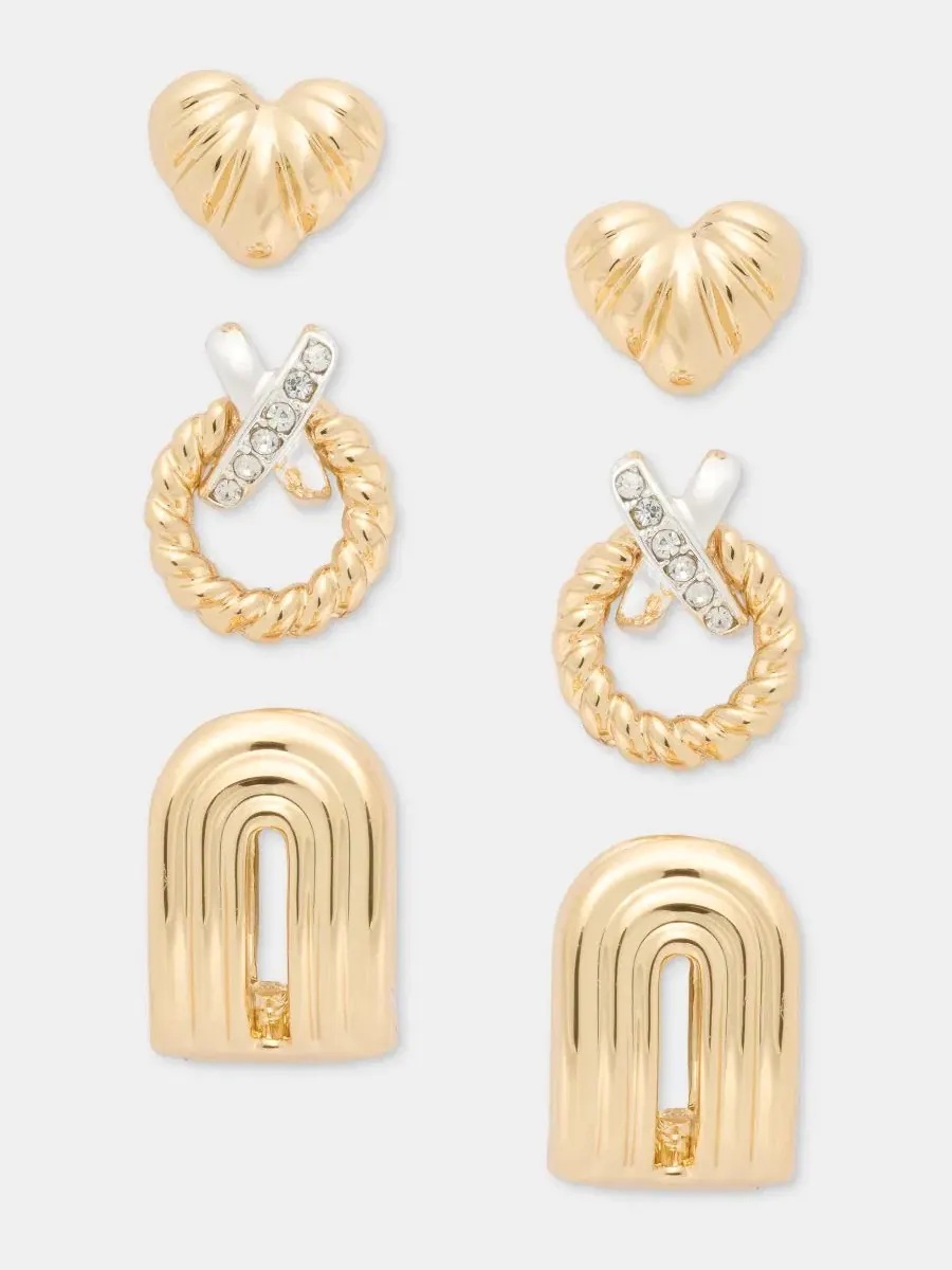 Комплект из 3 пар сережек Anne Klein, Fluted Heart, Crisscross Wreath & Textured — изображение 2 из 3, оттенок телесный