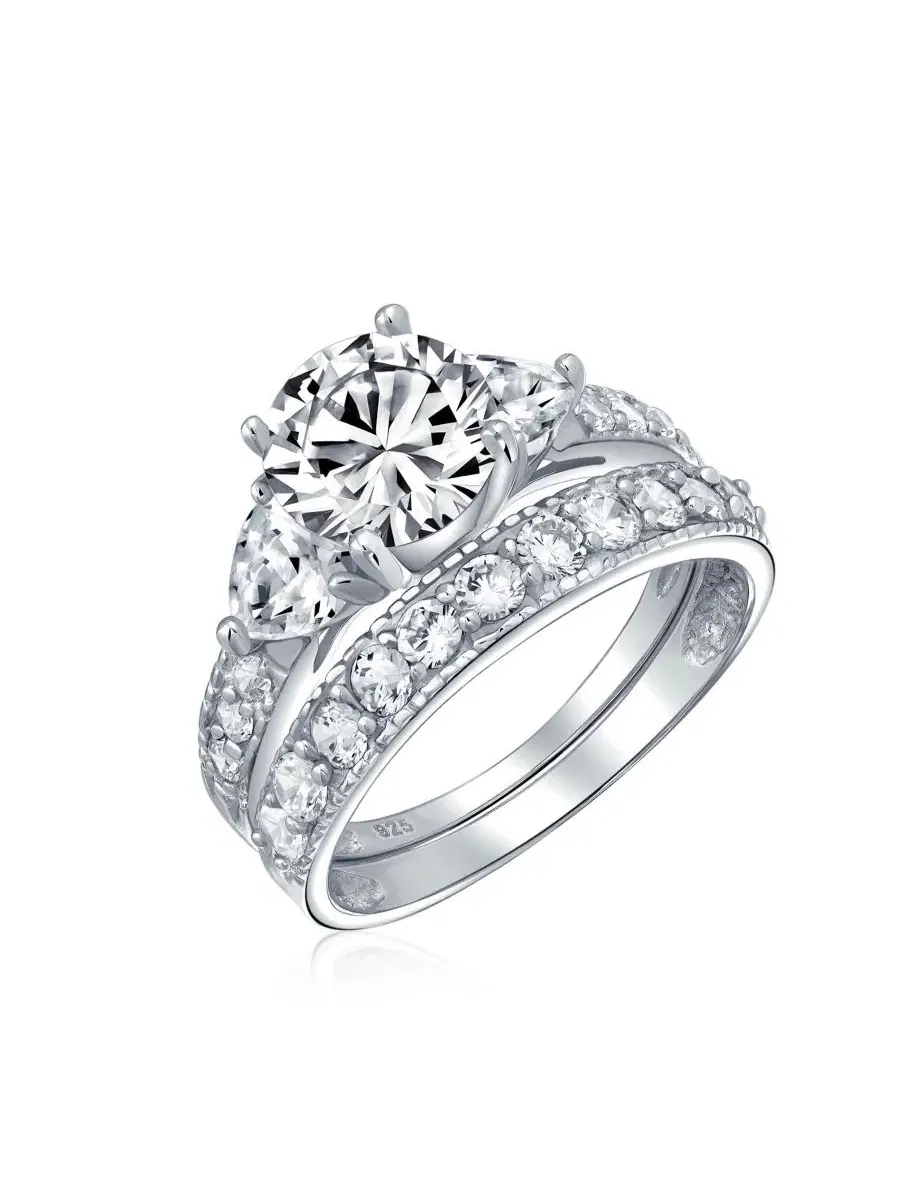 Кольцо с фианитом 3CT, сердечками и дорожкой из камней, модель 3CT CZ Solitaire with Heart Accents — изображение 3 из 5