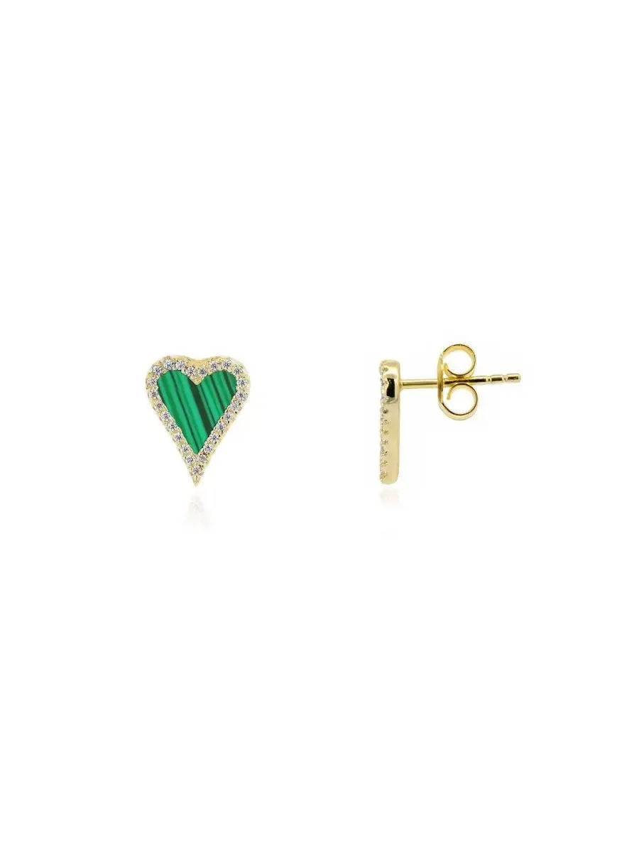 Серьги-пусеты с сердцем из малахита и фианитами, модель Mini Malachite CZ Halo Heart The Lovery — изображение 1 из 3