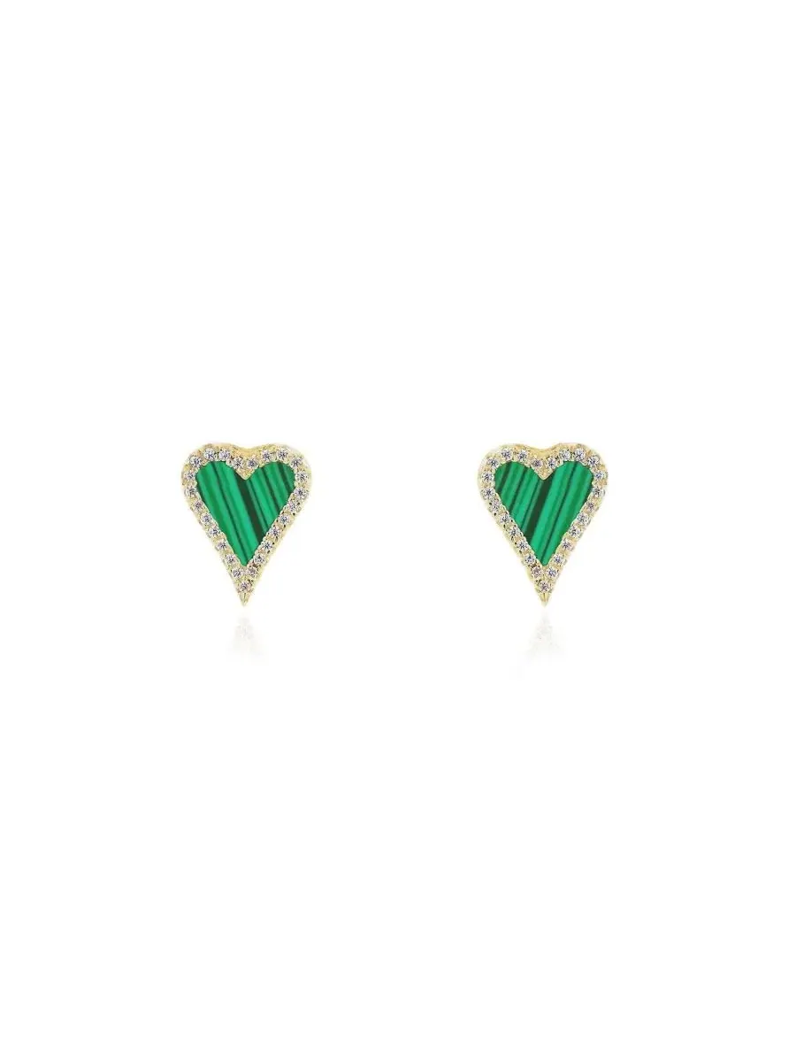Серьги-пусеты с сердцем из малахита и фианитами, модель Mini Malachite CZ Halo Heart The Lovery — изображение 2 из 3