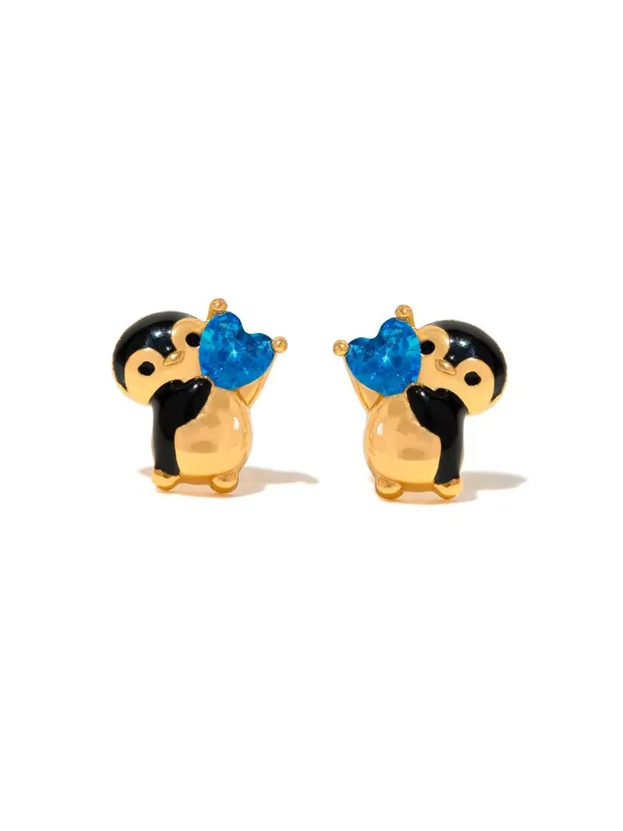 Серьги-гвоздики с кристаллами и пингвином, модель Penguin Crush Girls Crew — изображение 1 из 3, оттенок золото