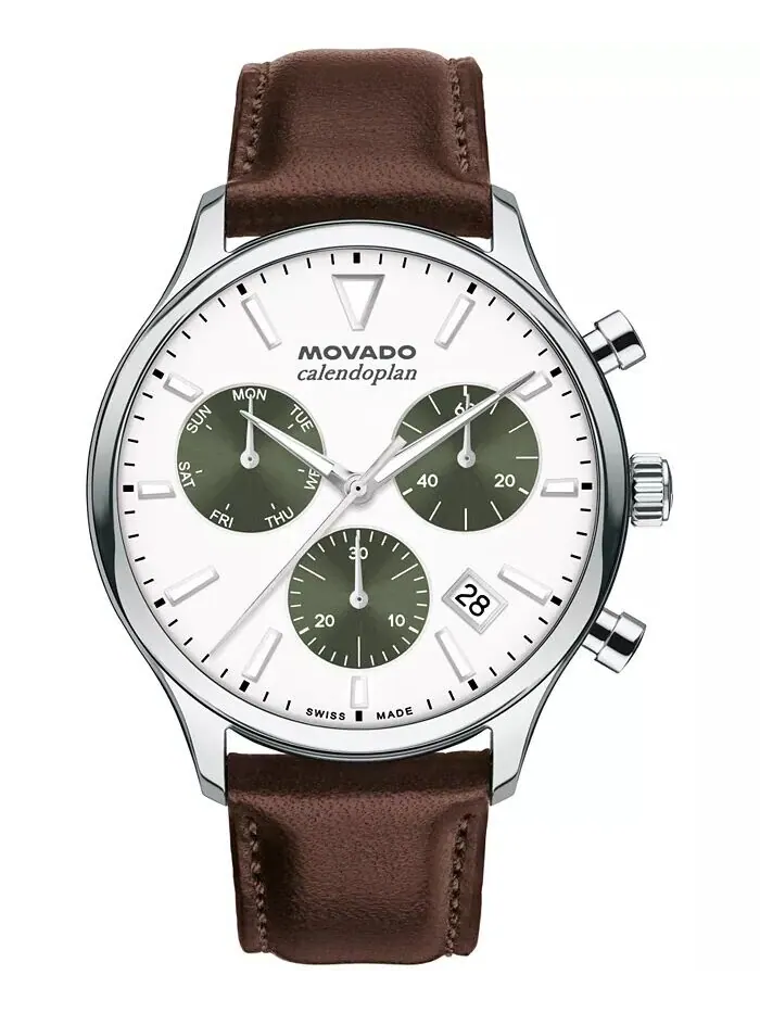 Мужские кожаные часы Calendoplan Swiss Quartz Chrono Chocolate 43 мм Movado — изображение 1 из 3, оттенок коричневый