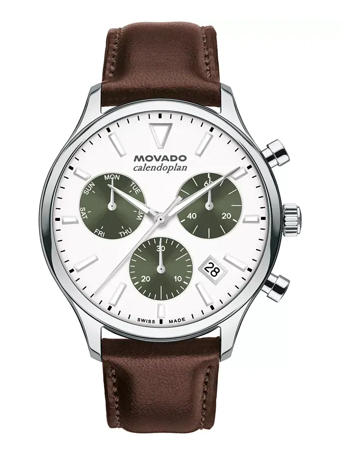 Мужские часы Calendoplan Swiss Quartz Chrono с хронографом, коричневая кожа, 43 мм Movado — изображение 1 из 3