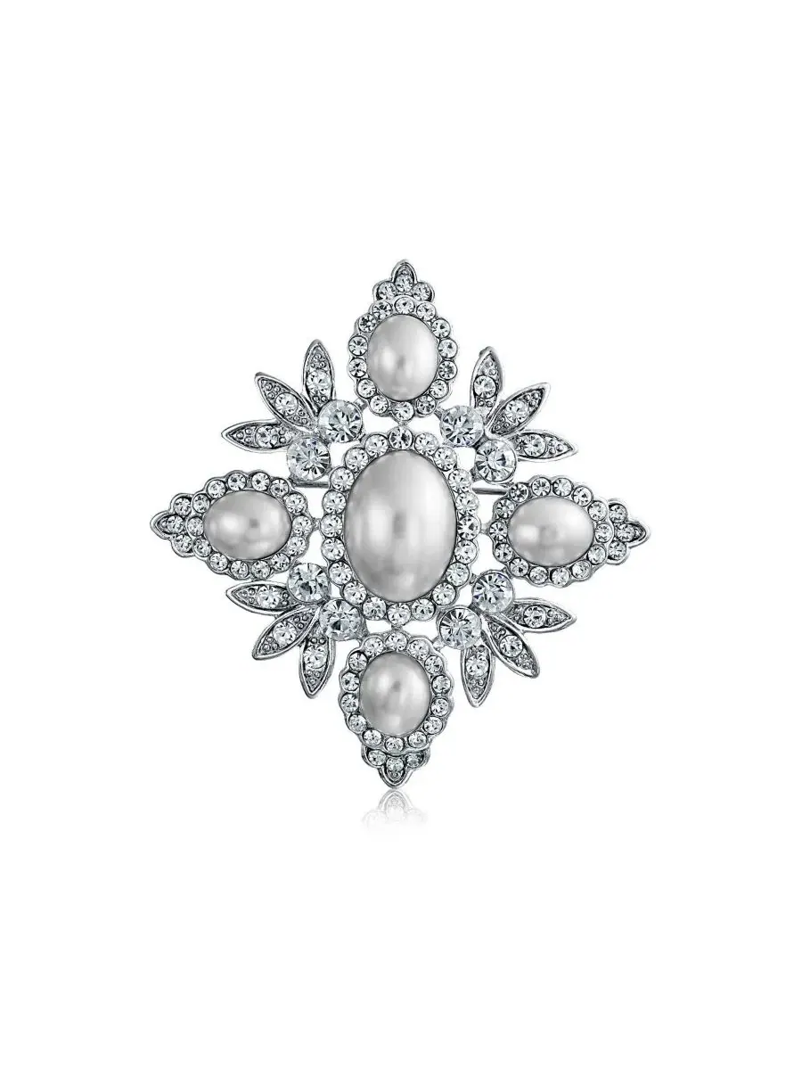 Брошь с кристаллами и жемчугом, модель Statement Fashion Crystal Leaf Flower Bling Jewelry — изображение 1 из 4
