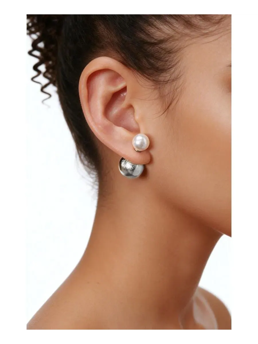 Серьги-гвоздики с жемчугом и застежкой-клик, Duo Studs Earrigns RETRO CHIC — изображение 3 из 5, оттенок серебристый белый