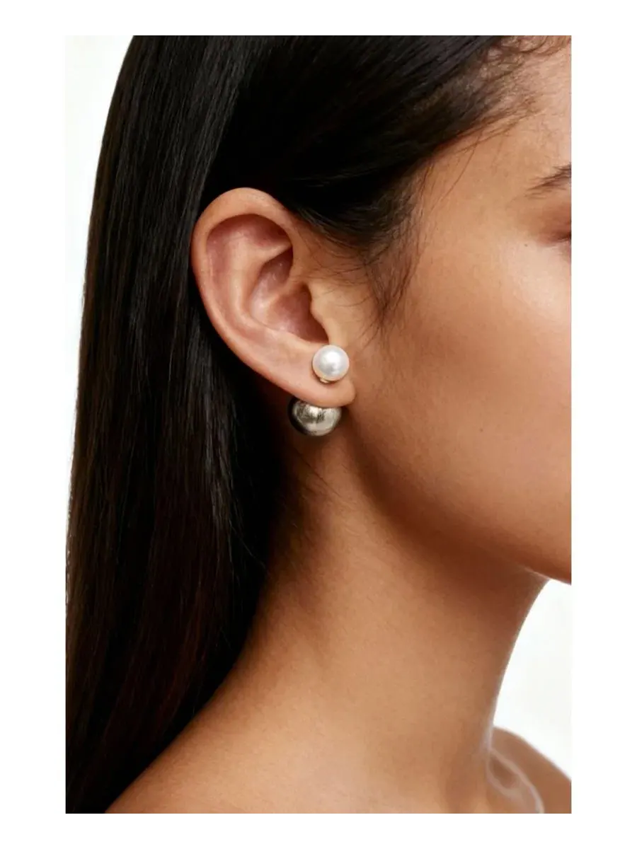 Серьги-гвоздики с жемчугом и застежкой-клик, Duo Studs Earrigns RETRO CHIC — изображение 5 из 5, оттенок серебристый белый