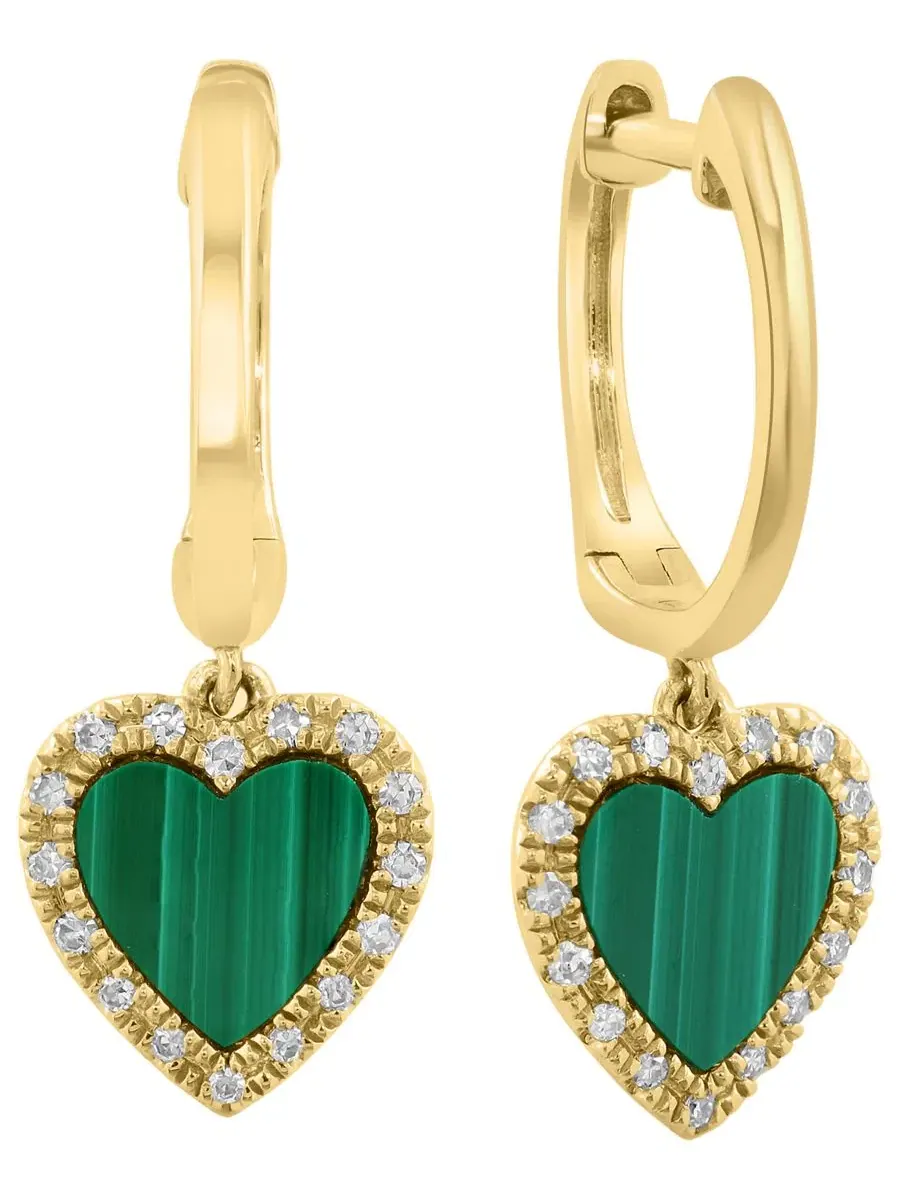 Серьги-подвески с малахитом и бриллиантами (1/10 ct. t.w.) в форме сердца, 14K желтое золото EFFY — изображение 1 из 3