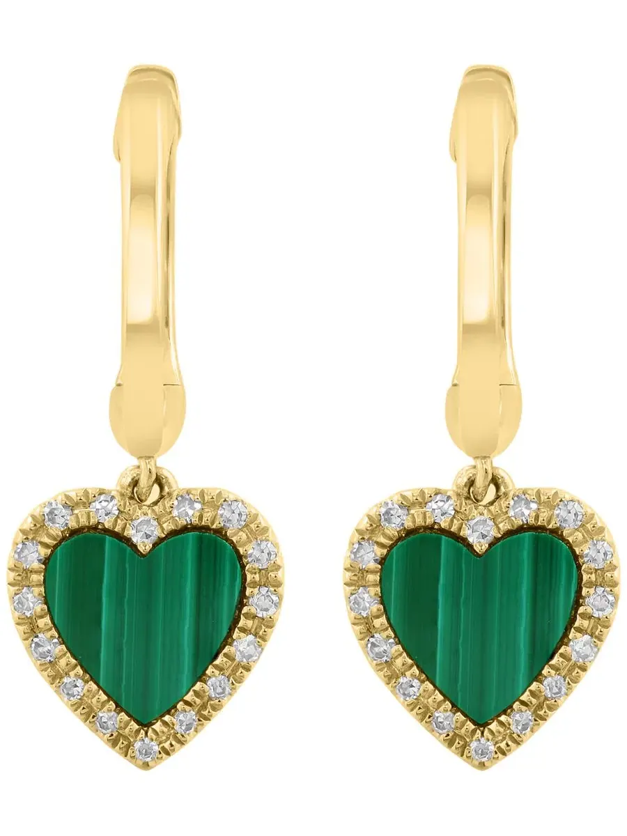 Серьги-подвески с малахитом и бриллиантами (1/10 ct. t.w.) в форме сердца, 14K желтое золото EFFY — изображение 3 из 3