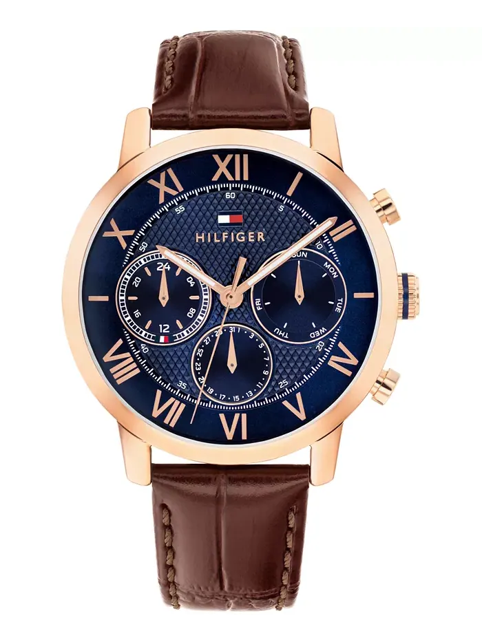 Мужские многофункциональные часы с темно-коричневым кожаным ремешком, 42mm Tommy Hilfiger — изображение 1 из 6