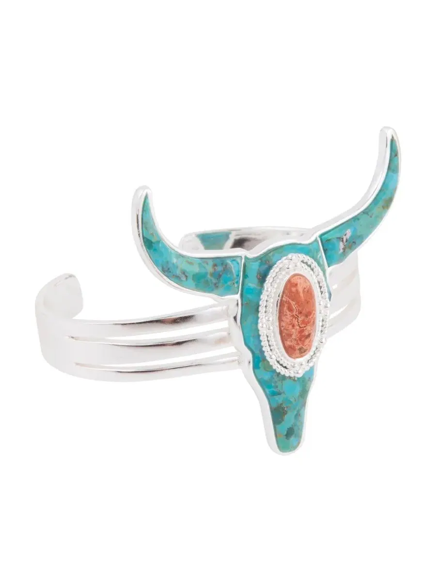 Браслет-манжета с бирюзой и кораллом Longhorn Blue Turquoise Silver Barse — изображение 1 из 6, оттенок серебряный