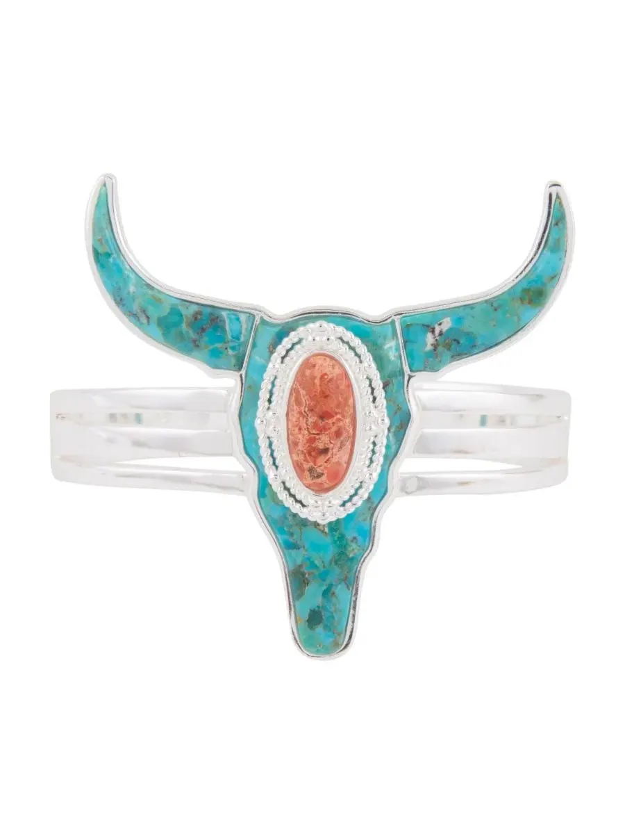 Браслет-манжета с бирюзой и кораллом Longhorn Blue Turquoise Silver Barse — изображение 3 из 6, оттенок серебряный