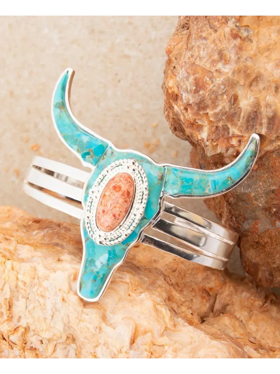 Браслет-манжета с бирюзой и кораллом Longhorn Blue Turquoise Silver Barse — изображение 4 из 6, оттенок серебряный