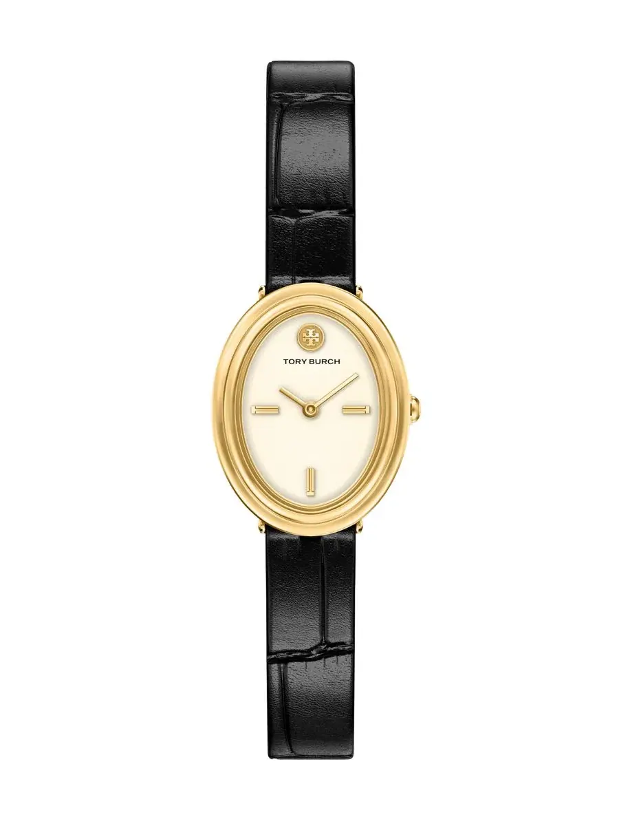 Женские часы The Oval Quartz Two-Hand Black Leather Watch, 22 мм Tory Burch