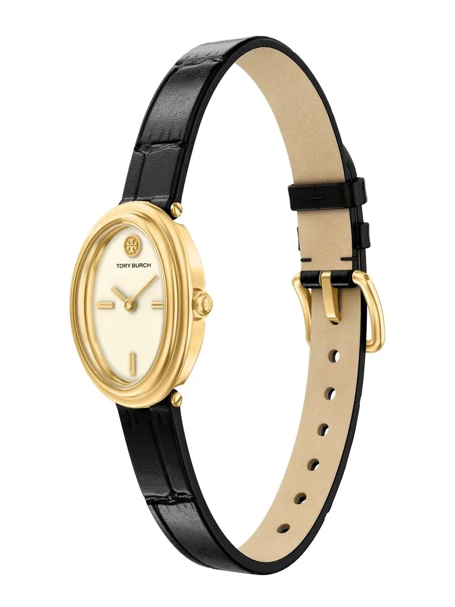 Женские часы The Oval Quartz Two-Hand Black Leather Watch, 22 мм Tory Burch — изображение 4 из 5, оттенок черный