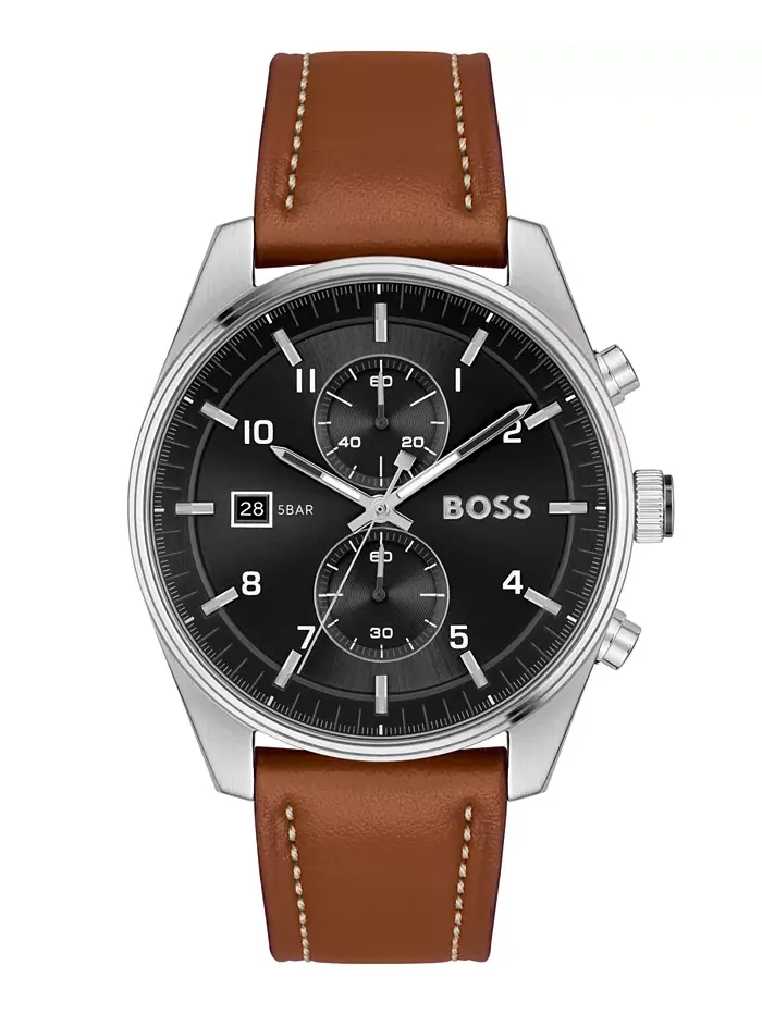 Мужские кварцевые модные часы Skytraveller Chrono с коричневым кожаным ремешком 44 мм Hugo Boss — изображение 1 из 3