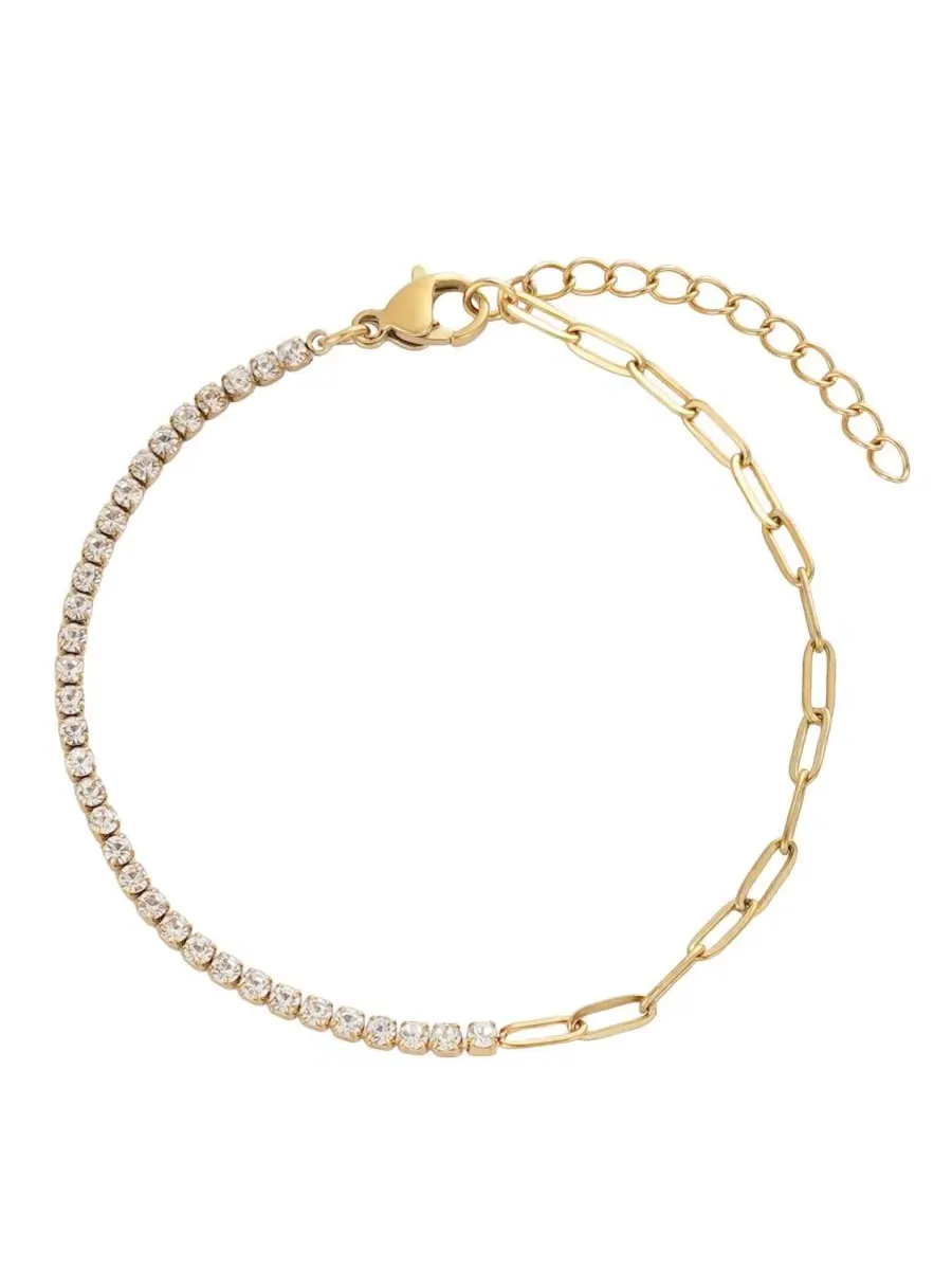 Браслет-цепочка с кристаллами, 18-каратное золотое покрытие, Half Tennis and Paperclip Chain ADORNIA — изображение 1 из 3