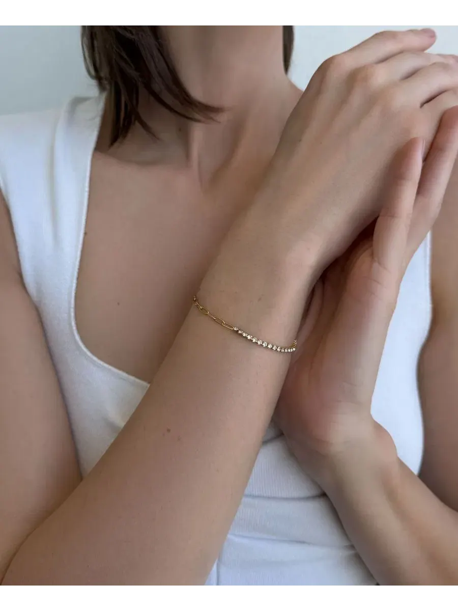 Браслет-цепочка с кристаллами, 18-каратное золотое покрытие, Half Tennis and Paperclip Chain ADORNIA — изображение 3 из 3