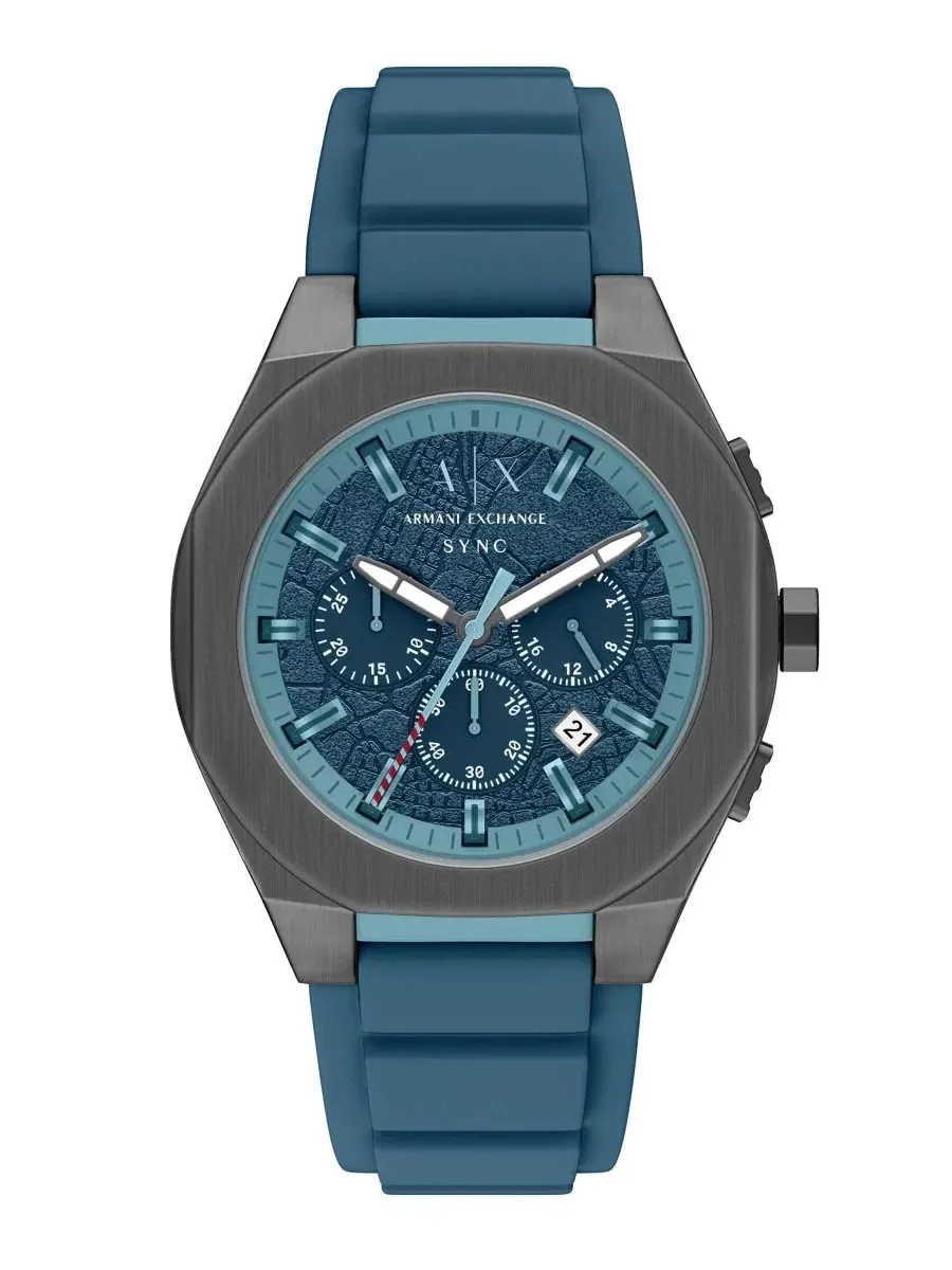 Мужские кварцевые часы-хронограф Armani Exchange Sync с синим силиконовым ремешком, 44 мм A|X