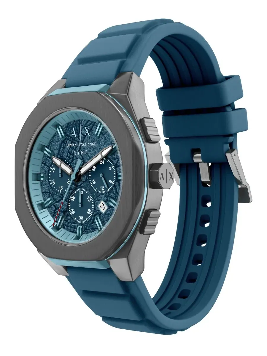 Мужские кварцевые часы-хронограф Armani Exchange Sync с синим силиконовым ремешком, 44 мм A|X — изображение 4 из 9