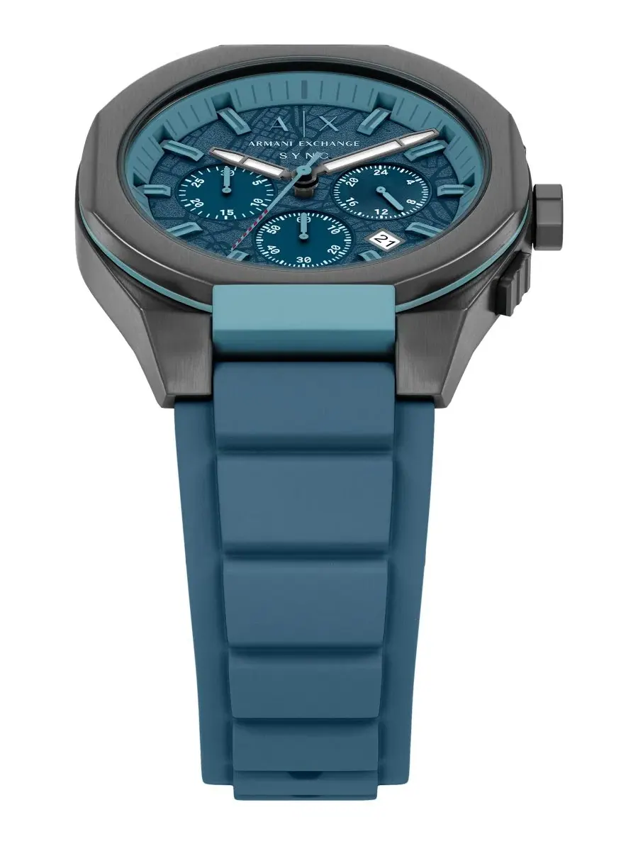 Мужские кварцевые часы-хронограф Armani Exchange Sync с синим силиконовым ремешком, 44 мм A|X — изображение 5 из 9