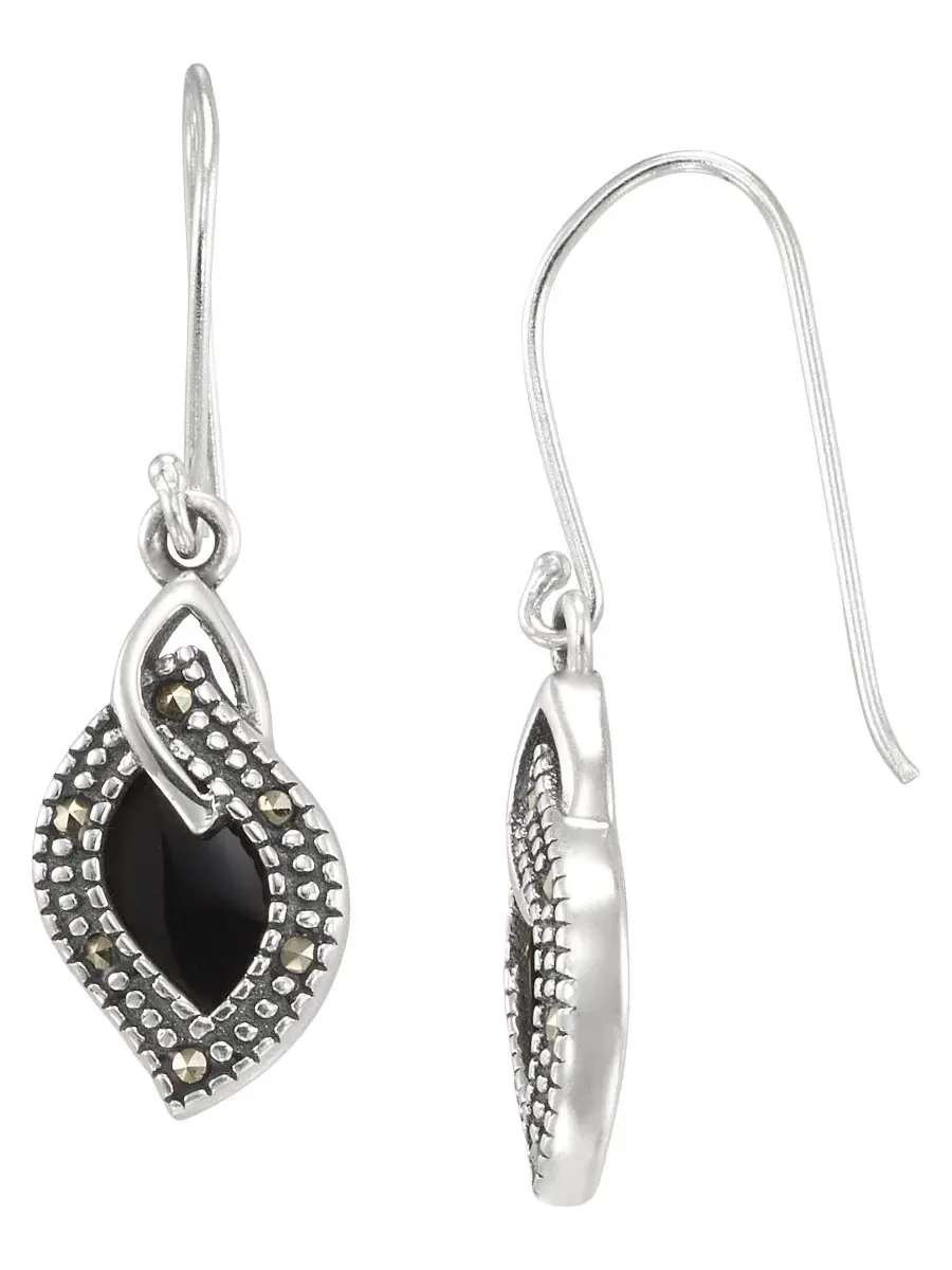 Серьги-подвески из стерлингового серебра с марказитом и ониксом, модель Marcasite (0.08 ct. t.w.) — изображение 1 из 3