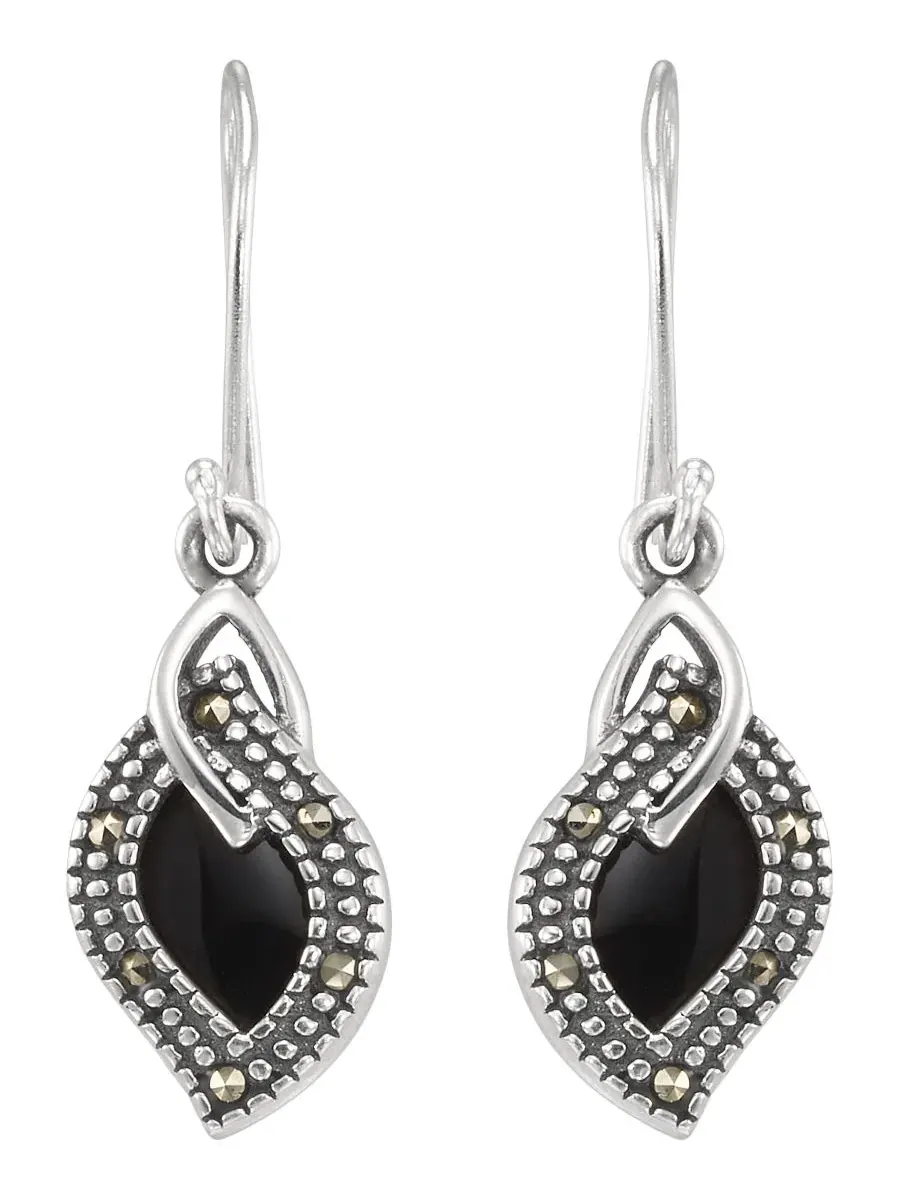 Серьги-подвески из стерлингового серебра с марказитом и ониксом, модель Marcasite (0.08 ct. t.w.) — изображение 2 из 3