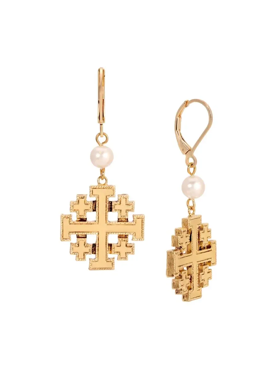 Серьги-пусеты с жемчугом Jerusalem Cross Symbols of Faith — изображение 1 из 3, оттенок белый