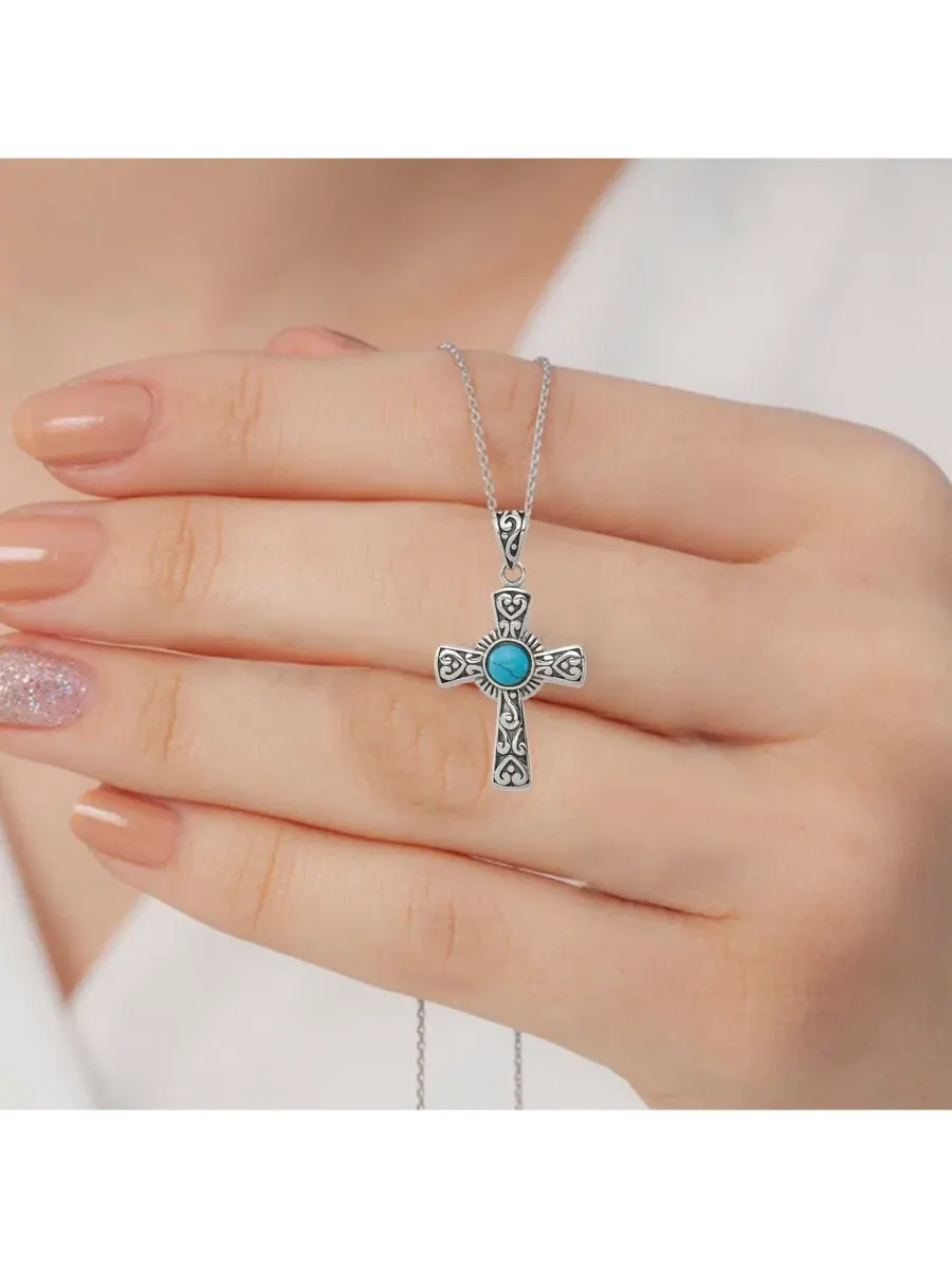 Кулон с крестом 925 пробы, серебро, 18 дюймов, с имитацией бирюзы Curata Jewelry — изображение 5 из 7, оттенок нет цвета