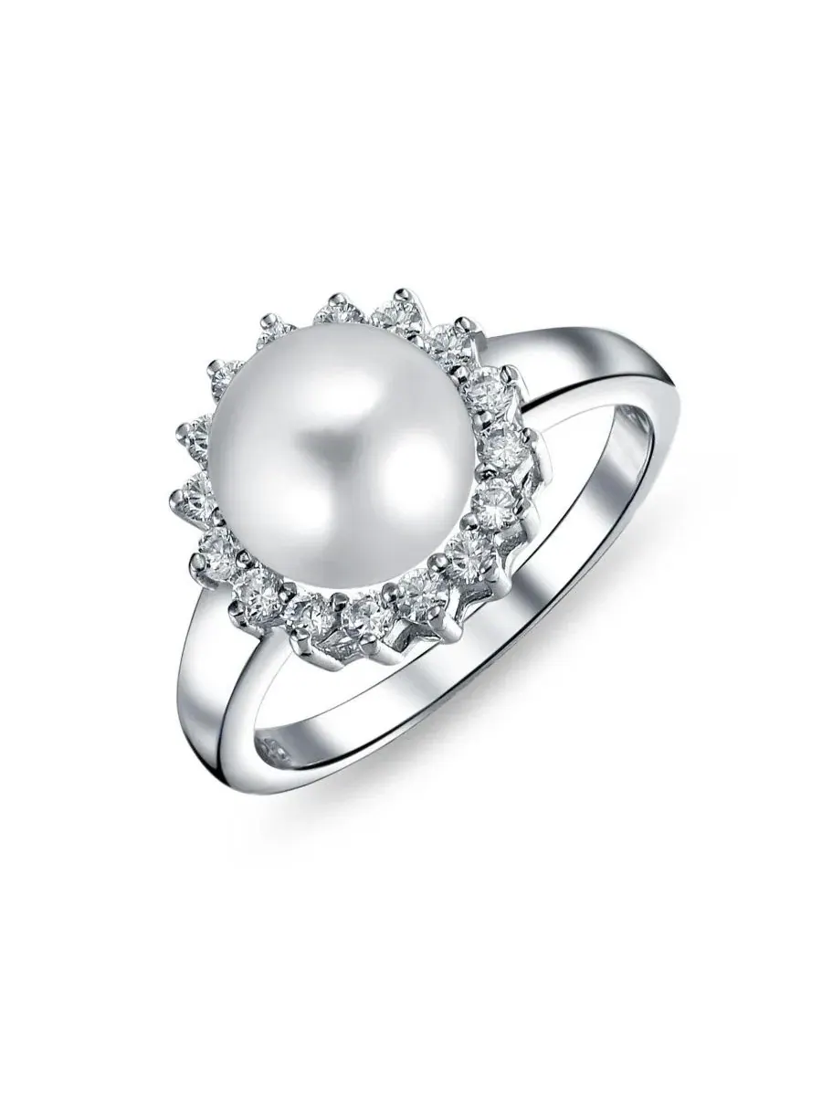 Кольцо с жемчугом и фианитами, модель Classic Faux Pearl Cocktail Ring CZ Halo Solitaire Bling — изображение 1 из 3