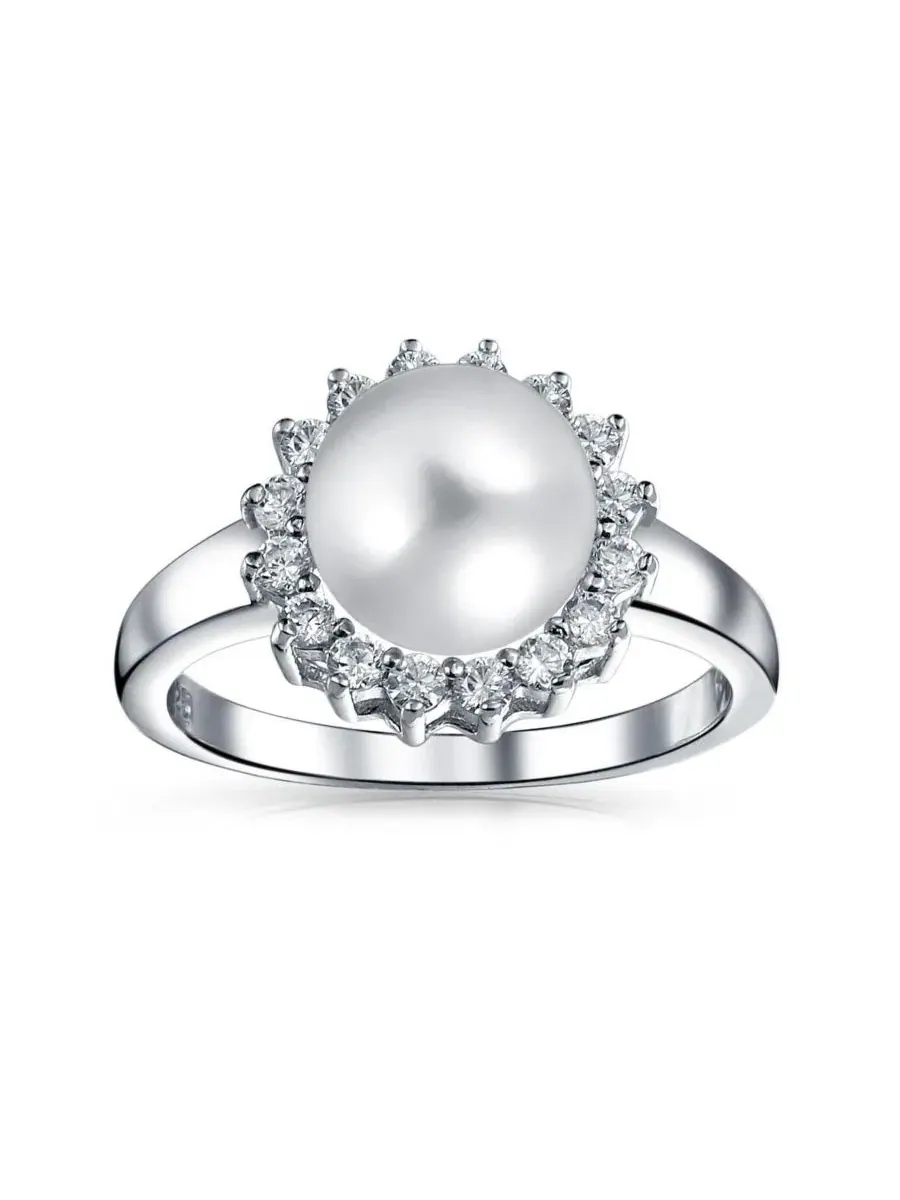 Кольцо с жемчугом и фианитами, модель Classic Faux Pearl Cocktail Ring CZ Halo Solitaire Bling — изображение 2 из 3