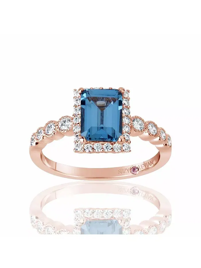 Кольцо Suzy Levian Rose из стерлингового серебра с аквамарином и белыми фианитами Suzy Levian New — изображение 1 из 2