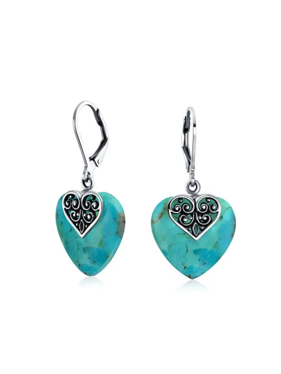 Серьги-подвески с сердцем из бирюзы, модель Hearts Bali Boho Dangle Bling Jewelry — изображение 1 из 3, оттенок синий