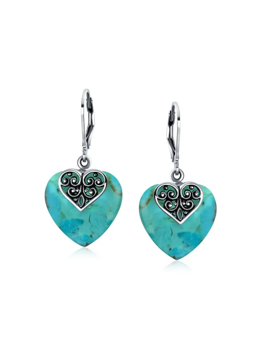 Серьги-подвески с сердцем из бирюзы, модель Hearts Bali Boho Dangle Bling Jewelry — изображение 3 из 3, оттенок синий