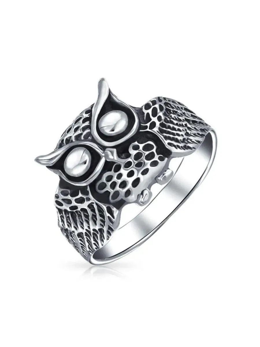 Кольцо с совой из стерлингового серебра, Wise Bird Night Owl Band Bling Jewelry — изображение 1 из 3, оттенок серебряный