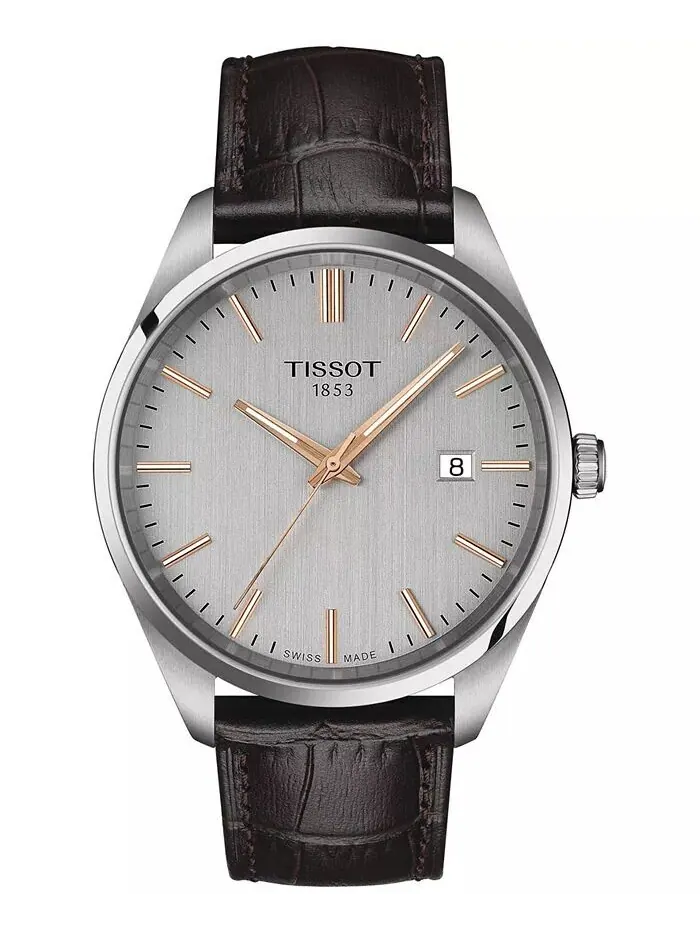 Мужские часы Swiss PR 100 с коричневым кожаным ремешком, 40 мм Tissot — изображение 1 из 5, оттенок серебряный