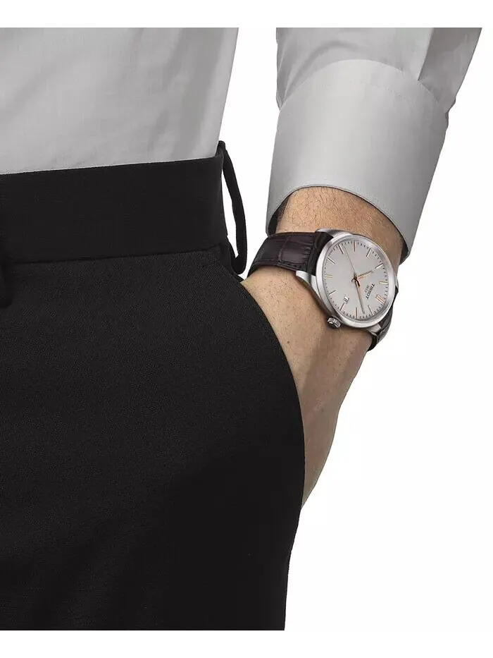 Мужские часы Swiss PR 100 с коричневым кожаным ремешком, 40 мм Tissot — изображение 5 из 5, оттенок серебряный
