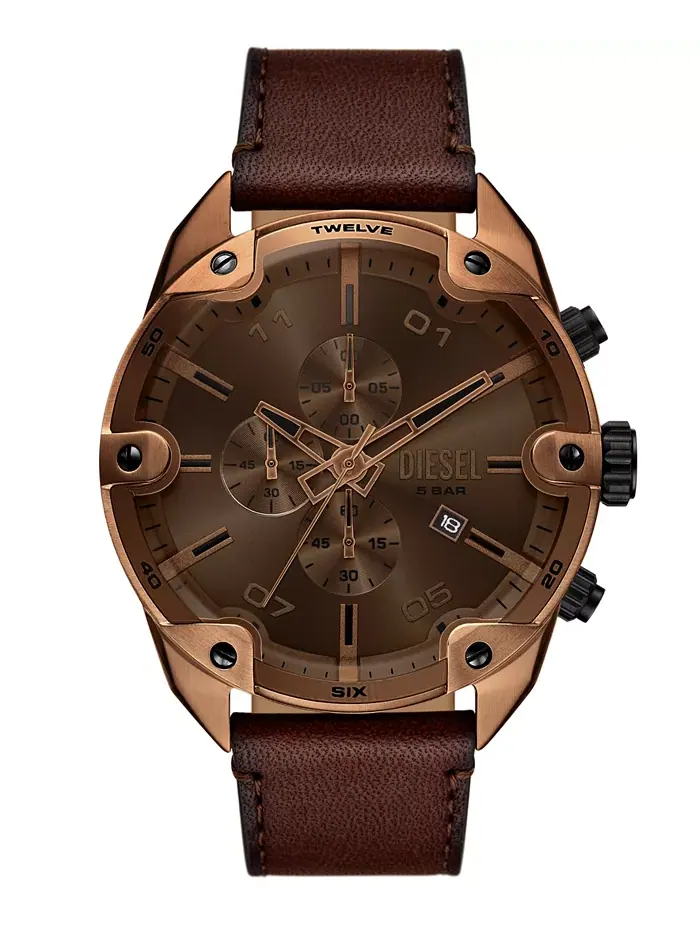 Мужские часы Spiked Quartz Chronograph с коричневым кожаным ремешком, 49 мм Diesel