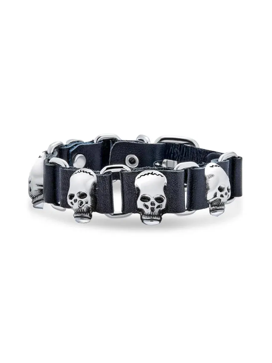Браслет-манжета из кожи с шипами и черепами, бренд Bling Jewelry — изображение 1 из 3, оттенок мульти