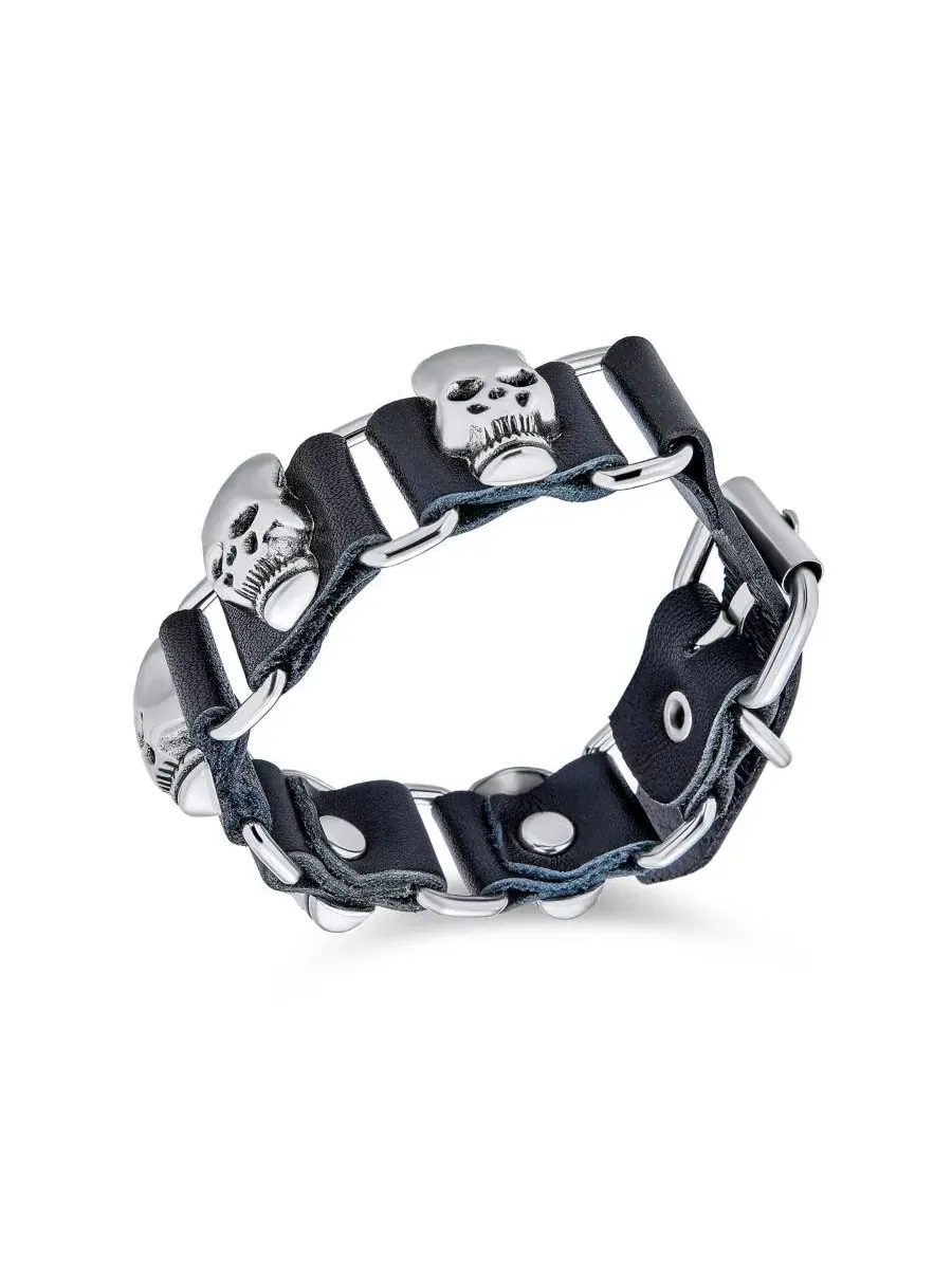 Браслет-манжета из кожи с шипами и черепами, бренд Bling Jewelry — изображение 3 из 3, оттенок мульти