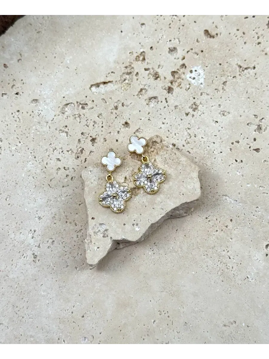 Серьги-подвески из позолоченного металла с жемчугом Mother of Pearl и кристаллами CZ ADORNIA — изображение 4 из 5