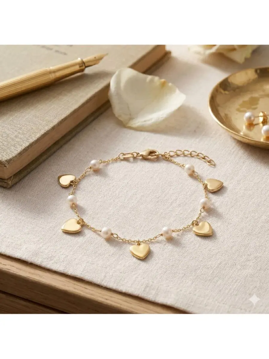 Щиколотка с подвеской-сердцем и жемчугом, Polished Heart Charm Pearl Anklet Simona — изображение 3 из 3, оттенок золото