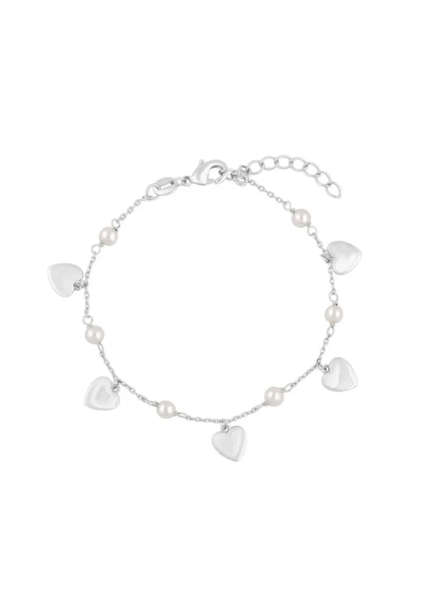 Браслет на щиколотку с сердцем и жемчугом, Polished Heart Charm Pearl Simona — изображение 1 из 3, оттенок серебряный