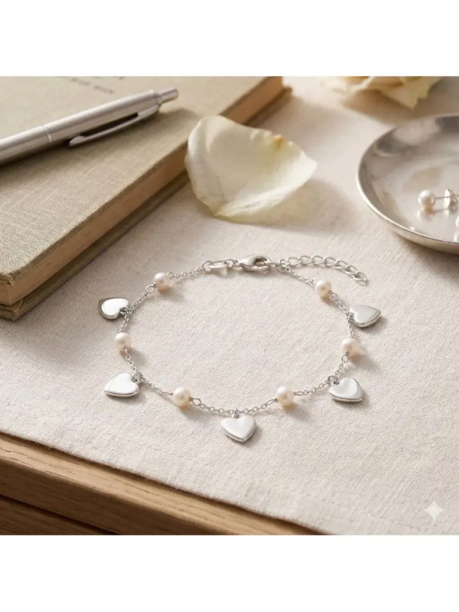 Браслет на щиколотку с сердцем и жемчугом, Polished Heart Charm Pearl Simona — изображение 3 из 3, оттенок серебряный